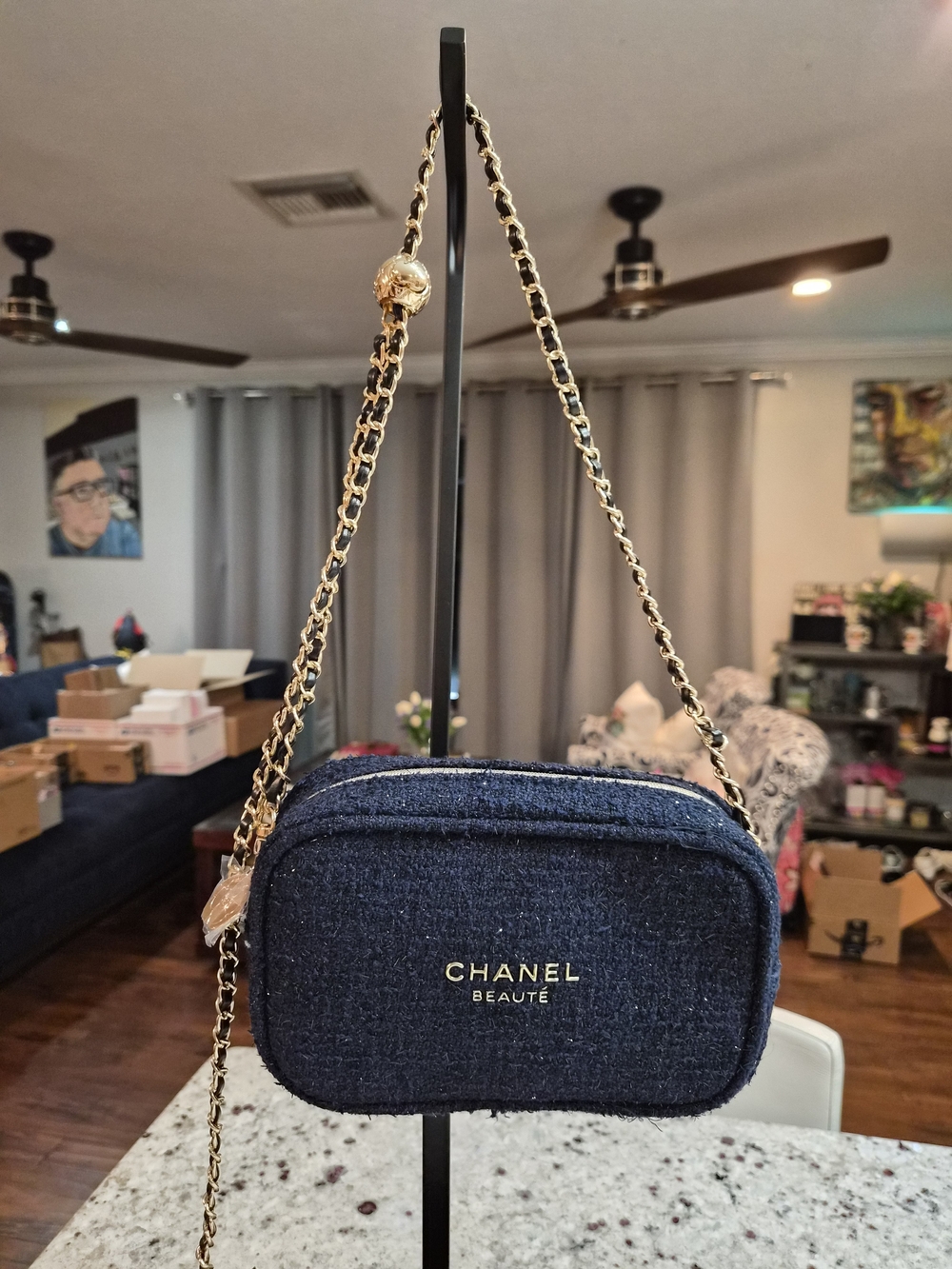 CHANEL Beauté VIP GWP Navy Tweed Chain Crossbody Bag